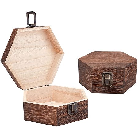 OLYCRAFT 2PCS Natural Wooden Box Hexagon Wooden Box Coconut Brown Natural Wood Box with Hinged Lid and Front Clasp for Crafting Making Jewelry Box, 5.5x5.8 Inch
