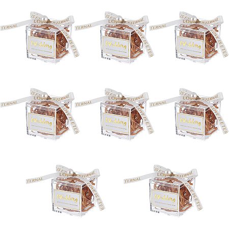 BENECREAT 8Pack Wedding Clear Acrylic Plastic Square with Gold Ribbon and Sticker, 2.2x2.2x2.2 Cube Square Containers for Wedding Candy Gift Packaging