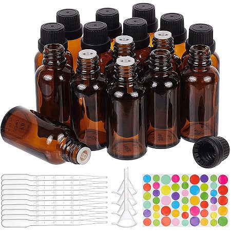 BENECREAT 16 Pack 50ml Brown Glass Essential Oil Bottles Refillable Container Kits with Plastic Droppers, Funnel Hoppers and Stickers for Aromatherapy Fragrance Cosmetic Oils
