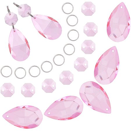 GORGECRAFT Crystal Chandelier Pendants Parts Beads 10Pcs Teardrop Glass Pendants 20Pcs Octagon Beads for Door Curtain Candlestick Party Wedding Chirstmas Decoration Pearl Pink
