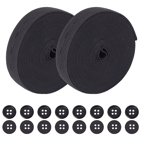 Gorgecraft 20Pcs Dyed Resin Flat Round Buttons, with 2 Rolls Flat Elastic Rubber Band, for Webbing Garment Sewing Accessories, Black, Button: 13x2mm, Hole: 1mm, 20pcs