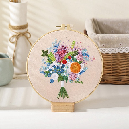 Honeyhandy DIY Bouquet Pattern Embroidery Kit, Including Imitation Bamboo Frame, Iron Pins, Cloth, Colorful Threads, Pink, 213x201x9.5mm, Inner Diameter: 183mm
