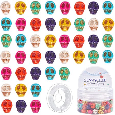 SUNNYCLUE 1 Box 100Pcs Halloween Synthetic Turquoise Skull Beads Skeleton Head Charms Colorful Gemstone Loose Spacer Bead Halloween Themed Decorations with Elastic Thread for Jewelry Making Crafts