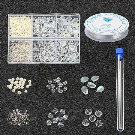 Arricraft DIY White Series Jewelry Making Kits, 620Pcs Glass Seed Round & Rondelle Beads, 80Pcs Crystal & Glass Bicone Beads, 20Pcs Teardrop Glass Charms, Test Tube, Needles, Elastic Crystal Thread, Clear, Beads: 700pcs/set