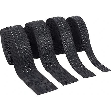 PandaHall Elite 20 Yards Silicone Backed Elastic Band 4 Sizes Black Non-Slip Sewing Polyester Ribbon 3-Strip Elastic Gripper Band Stretchy Roll for Garment Wig Sewing Bike Shorts, 0.7/1.1/1.5/1.9