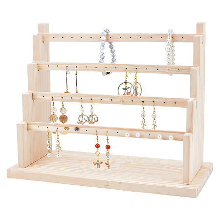 NBEADS 4-Tier Wooden Earring Display Stand, Earring Jewelry Display Rack Jewelry Organizer Holder Riser with 4pcs Flat Bars(56 Holes) for Earring Necklace Bracelet, Blanched Almond, 5.9x13.4x10.6 Inch