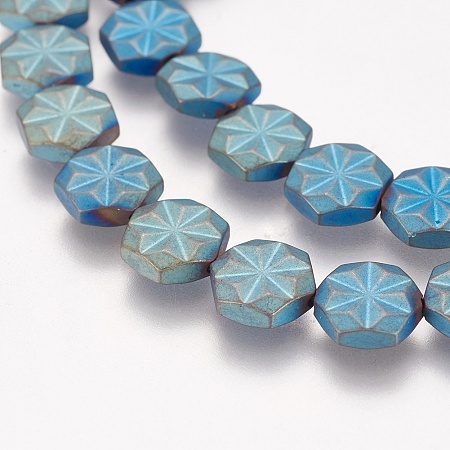 ARRICRAFT Electroplated Non-magnetic Synthetic Hematite Beads Strands, Grade AA, Frosted, Hexagon with Snowflake, Blue Plated, 9x8x2.5~3mm, Hole: 1mm, about 40pcs/strand, 15.7 inch(40cm)