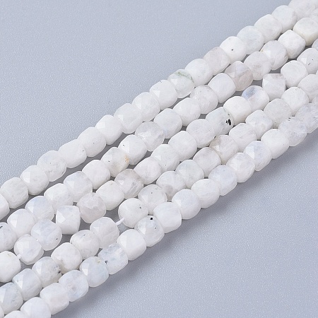 Honeyhandy Natural Rainbow Moonstone Beads Strands, Faceted, Cube, 4x4x4mm, Hole: 0.8mm, about 97pcs/strand, 15.55 inch(39.5cm)