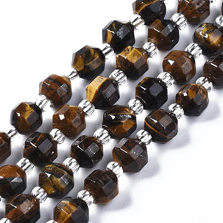 Arricraft Natural Tiger Eye Beads Strands, with Seed Beads, Faceted, Polygon, 6x6mm, Hole: 1.2mm, about 47~48pcs/strand, 14.84 inch~14.96 inch(37.7cm~38cm)