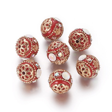 Honeyhandy Handmade Indonesia Beads, with Rhinestone and Brass Findings, Round, Light Gold, Red, 16.5~18.3x16x16.5mm, Hole: 1.8mm