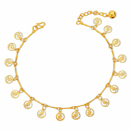 Arricraft Brass Charm Anklets, with Bar Link Chains, Flat Round with Chinese Character, Real 24K Gold Plated, 39271 inch(20cm)
