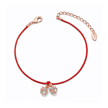 Arricraft Brass Charm Bracelets, with Czech Rhinestone and Red Rope, Rose Gold, 38780 inch(17cm)