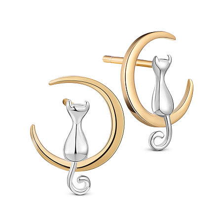 SWEETIEE 925 Sterling Silver Unique Ear Studs with Kitten in the  Gold Plated Moon