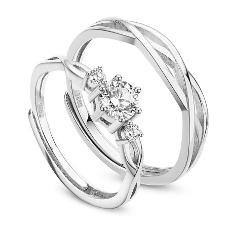 SHEGRACE Adjustable 925 Sterling Silver Couple Rings, with Grade AAA Cubic Zirconia, Carved with 925, Platinum, Size 9, 19mm, Size 6, 16.6mm
