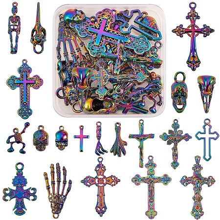 20 Pcs 316L Surgical Stainless Steel Charms & Pendants & Big Pendants, Cross & Skull & Skeleton & Claw, Rainbow Color, 29~65x9~40mm