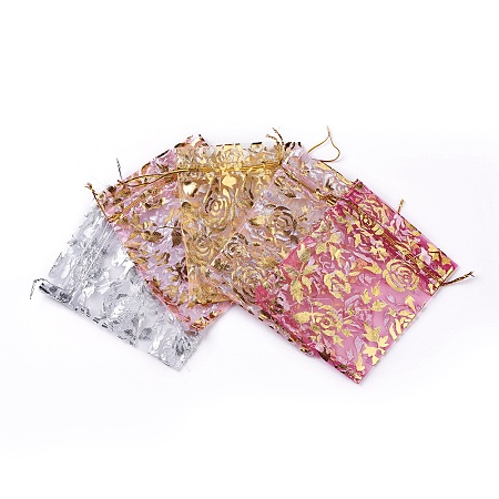 Honeyhandy Rose Printed Organza Bags, Wedding Favor Bags, Favour Bag, Gift Bags, Rectangle, Mixed Color, 12x10cm, 5pcs/color, 25pcs/set