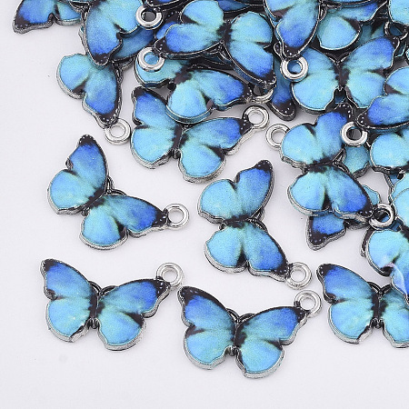 Honeyhandy Printed Alloy Pendants, with Enamel, Butterfly, Platinum, Deep Sky Blue, 13.5x20x2mm, Hole: 1.6mm