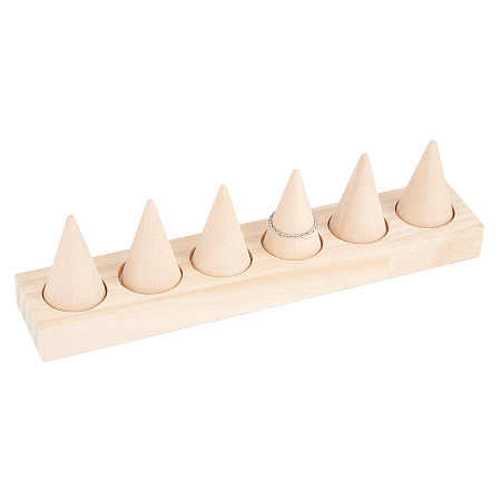 NBEADS Wood Finger Ring Stand with 6 Pcs Cone Ring Holders, Counter Top Finger Cone Ring Organizers Wooden Tower Ring Jewelry Display Holder Showcase for Rings Jewelry Exhibition, 19.6x3.7x5.3cm