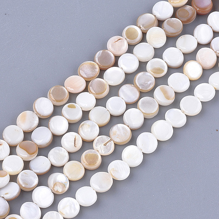 Honeyhandy Freshwater Shell Beads Strands, Flat Round, Seashell Color, 6x2~3mm, Hole: 0.5mm, about 64~68pcs/strand, 14.5 inch