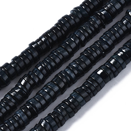 Arricraft Natural Freshwater Shell Beads Strands, Dyed, Flat Round/Disc, Heishi Beads, Black, 5~6x1~2mm, Hole: 1mm, about 205~215pcs/strand, 15.35 inch(39cm)