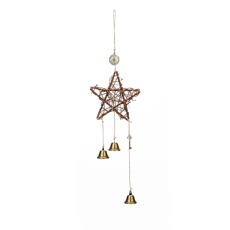 Honeyhandy Rattan & Iron Witch Bells Wind Chimes Door Hanging Pendant Decoration, for Garden Home Decoration Bell, Star Pattern, 550mm