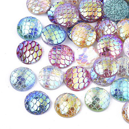 ARRICRAFT Resin Cabochons, AB Color Plated, Flat Round with Mermaid Fish Scale Pattern, Mixed Color, 10x3mm
