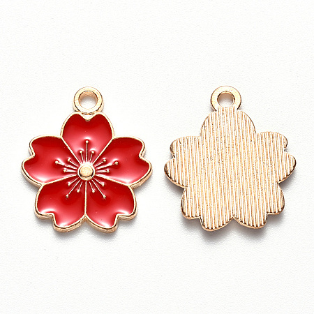Honeyhandy Alloy Enamel Pendants, Sakura Flower, Light Gold, Red, 20.5x17.5x1.5mm, Hole: 2mm