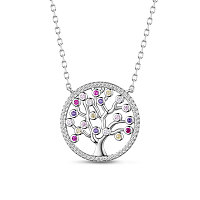 SHEGRACE 925 Sterling Silver Pendant Necklaces, with Grade AAA Cubic Zirconia, Carved with 925, Flat Round with Tree of Life, Colorful, 14.96 inch(38cm)