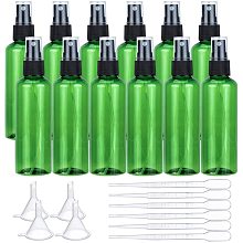 BENECREAT 12 Packs 3.4oz Green Plastic Fine Mist Spray Bottle with Black Caps, 4pcs Plastic Funnels, 6pcs 2ml Plastic Droppers for Liquids Essential Oils