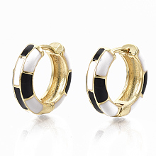 Honeyhandy Brass Huggie Hoop Earrings, with Two Tone Enamel, Real 18K Gold Plated, Black, 16x16.5x5mm, Pin: 1x1mm