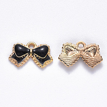 Honeyhandy Alloy Enamel Pendants, Bowknot, Light Gold, Black, 10x16x2mm, Hole: 1.4mm