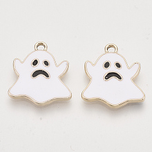 Honeyhandy Light Gold Plated Alloy Pendants, with Enamel, Ghost, Halloween, White, 20.5x18x2.5mm, Hole: 2mm