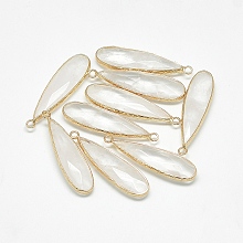 Honeyhandy Natural Crystal Pendants, with Golden Tone Brass Findings, Faceted, teardrop, 40~42x11~12x6~7mm, Hole: 2mm