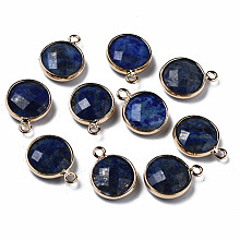 Honeyhandy Natural Lapis Lazuli Charms, Faceted, with Golden Plated Brass Edge and Loop, Flat Round, 14.5x11.5x4.5mm, Hole: 1.5mm