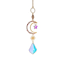 Honeyhandy Glass & Brass Moon Star Pendant Decorations, Hanging Suncatchers, with Chips Artificial Agate, for Home Decoration, Flamingo, 370mm