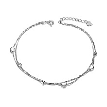 SHEGRACE 925 Sterling Silver 2-Layered Anklet, Hearts and Small Beads, Platinum, 210mm