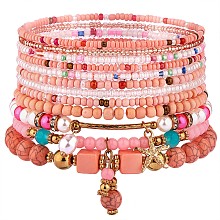 Honeyhandy 11Pcs Boho Seed Bead Stretch Bracelets Set, Multilayered Stackable Bracelets, Colorful Beaded Starfish Charm Bracelets for Women, Pink, 1-3/4~2-1/8 inch(4.5~5.5cm)