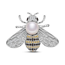 SHEGRACE Brass Brooch, with Grade AAA Cubic Zirconia and Pearl, Bees, Platinum, 39.3x30mm