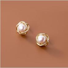 Honeyhandy Natural Pearl Flower Stud Earrings, Brass Jewelry, Golden, 14mm, Pin: 0.7mm