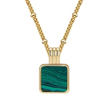 Honeyhandy SHEGRACE Brass Pendant Necklaces, with Synthetic Malachite and Cable Chains, Square, Real 18K Gold Plated, 16.54 inch(42cm)