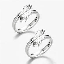 SHEGRACE Adjustable 925 Sterling Silver Couple Rings, Cuff Rings, Open Rings, for Valentine's Day, Carved with 925, Arms To Hug, Platinum, Inner Diameter: 18mm and 13mm, 2pcs/set