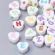 Honeyhandy Craft Style Acrylic Beads, Horizontal Hole, Heart with Initial Letter, Mixed Color, 7x7.5x4mm, Hole: 1.6mm, about 3500pcs/500g