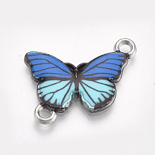 Honeyhandy Printed Alloy Links connectors, with Enamel, Butterfly, Platinum, Blue, 14.5x20.5x2mm, Hole: 1.8mm