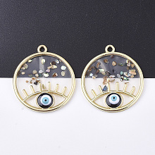 Arricraft Epoxy Resin Pendants, with Shell, Alloy Findings and Enamel, Flat Round with Eye, Golden, Black, 39x34x4mm, Hole: 2.5mm