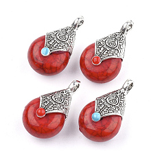 Honeyhandy Tibetan Style Resin Pendants, with Alloy & Enamel, teardrop, Antique Silver, Red, 28x16x14mm, Hole: 2~3.5mm