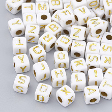 Honeyhandy Plated Acrylic Beads, Metal Enlaced, Horizontal Hole, Cube with Alphabet, Golden Plated, 4.5x4.5x4.5mm, Hole: 3mm, about 5000pcs/500g