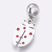 Honeyhandy 304 Stainless Steel European Dangle Charms, Large Hole Pendants, with Rhinestone, Ladybug, Stainless Steel Color, Light Siam, 26.5mm, Hole: 4mm, Pendant: 16.5x11x1.5mm