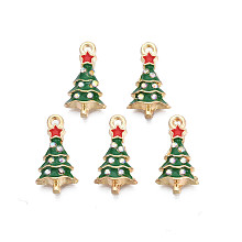 Honeyhandy Rack Plating Alloy Enamel Pendants, with Crystal AB Rhinestone, Cadmium Free & Nickel Free & Lead Free, Light Gold, Christmas Tree with Star, Green, 18x9x3mm, Hole: 1mm