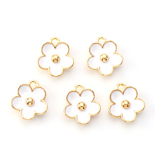 Honeyhandy Light Gold Plated Alloy Enamel Pendants, Flower, White, Light Gold, 13x11.5x3mm, Hole: 1.6mm