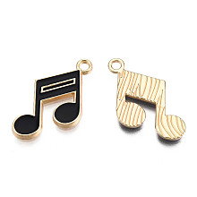 Honeyhandy Alloy Pendants, with Enamel, Light Gold, Musical Note, Black, 16x22x2mm, Hole: 1.8mm